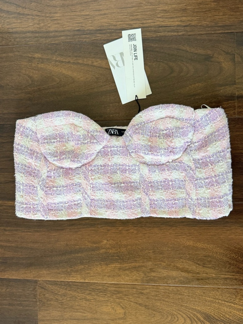 Zara Pastel Tweed Bustier Top in Lavender, Pink & Cream